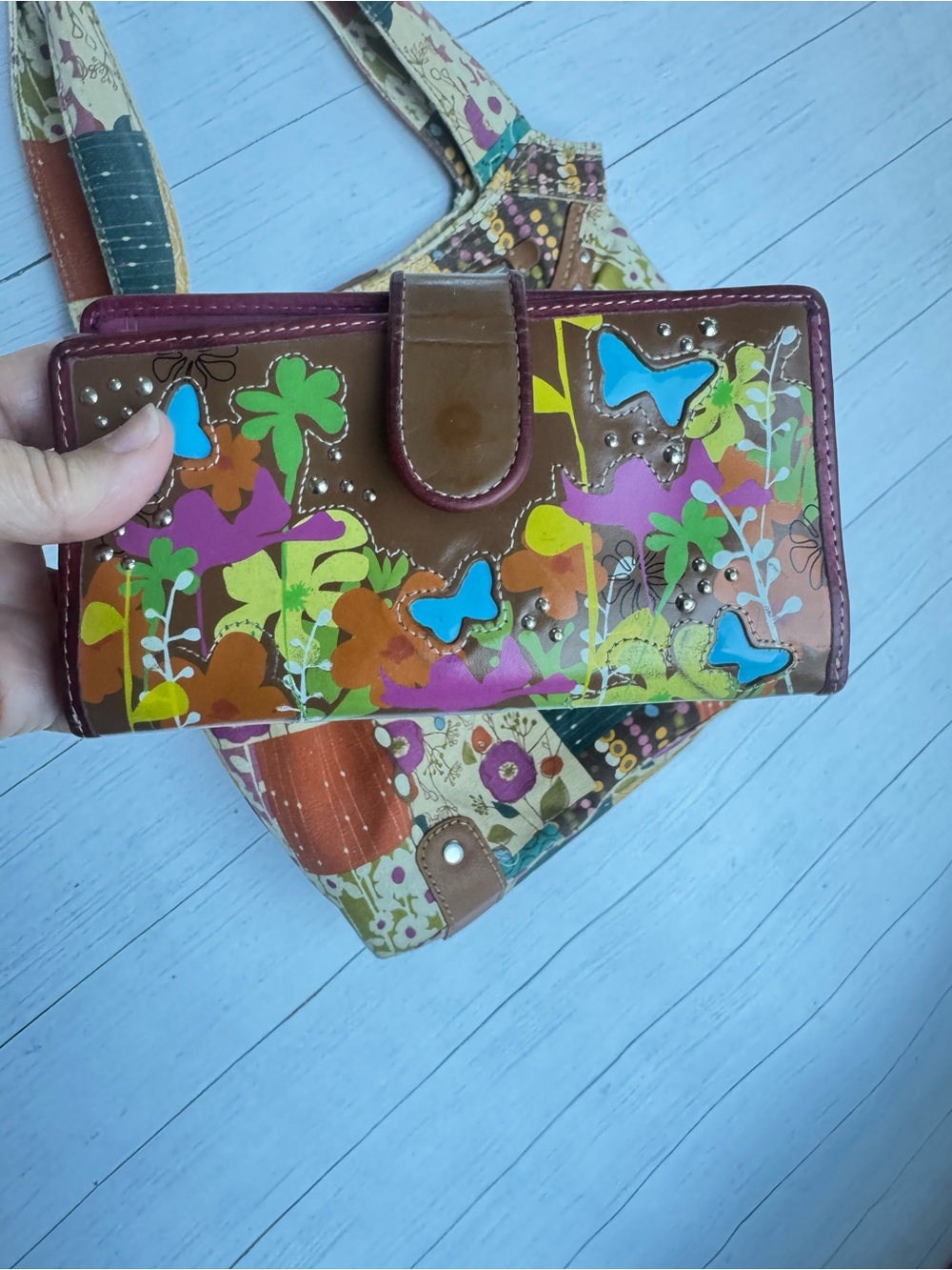 Fossil Patchwork Floral Canvas Shoulder Bag + Wallet Boho Y2K cottagecore - Picture 3 of 17